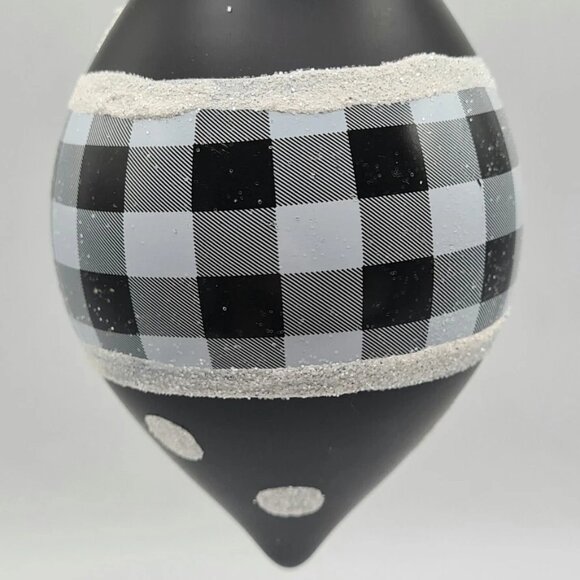 Black White Plaid Finial Ball Large Glitter Glass Ornament 4.5" Set 2 - Picture 4 of 5